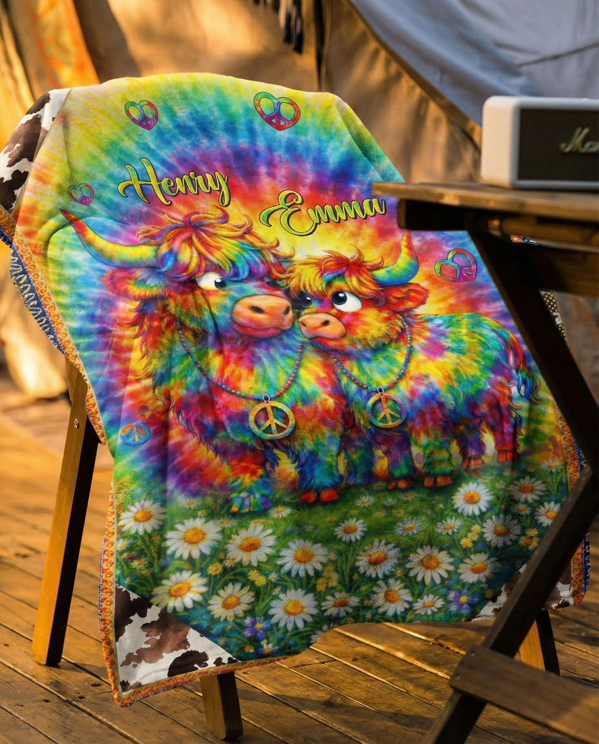 PERSONALIZED COLORFUL SWIRL COW COUPLE FLEECE BLANKET - TLTW0302261