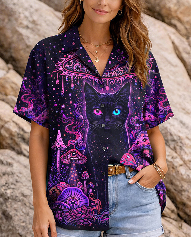 PSYCHEDELIC EYES MUSHROOM BLACK CAT CAMP SHIRT - TLHG0604262