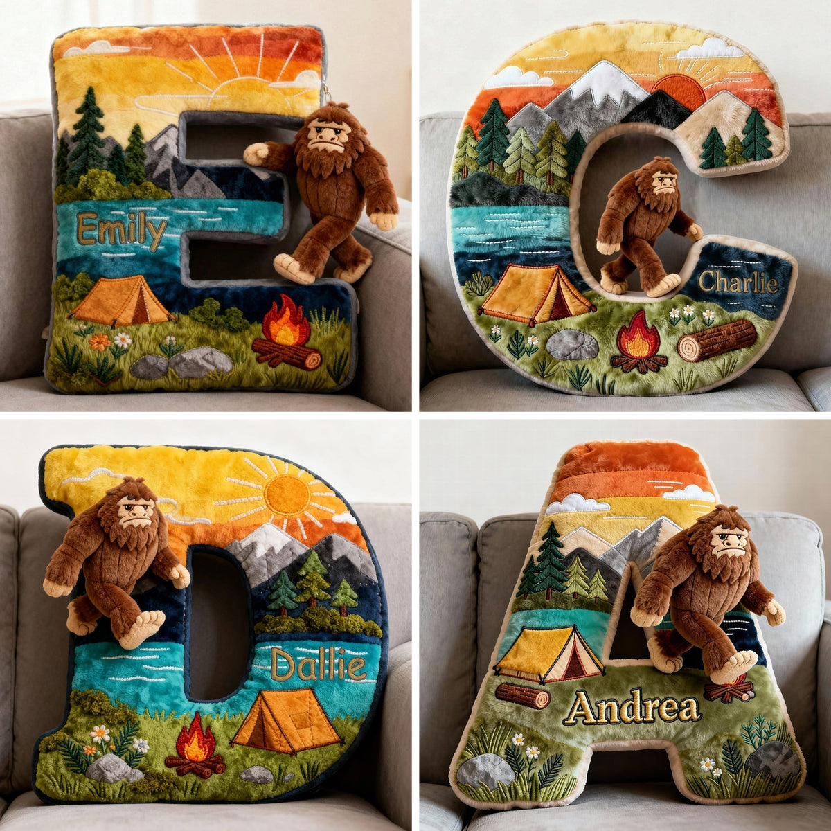 “Adventure Awaits” - Sasquatch Camping Alphabet Initial Letter Pillow - Personalized Gift for Camping Lovers & Bigfoot Seekers Pillow PopCulturePrints