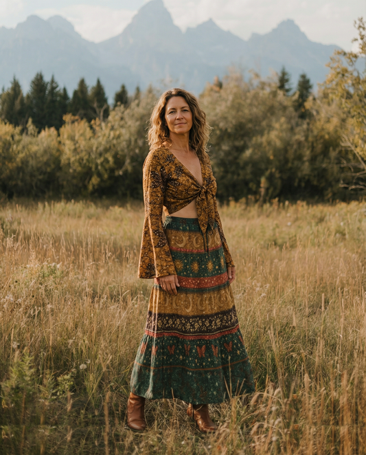 FLORAL SUN MOON PATTERN WOMEN'S CROP TOP & MAXI SKIRT - TLNT2303261