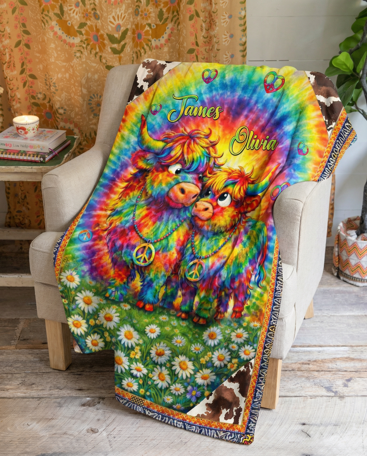 PERSONALIZED COLORFUL SWIRL COW COUPLE  FLEECE BLANKET  - TLTW0302261