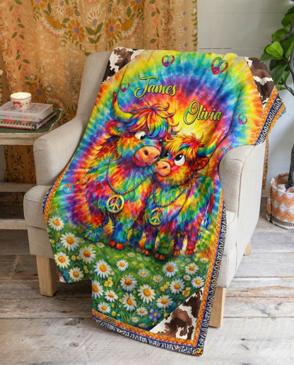 PERSONALIZED COLORFUL SWIRL COW COUPLE  FLEECE BLANKET  - TLTW0302261