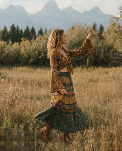 FLORAL SUN MOON PATTERN WOMEN'S CROP TOP & MAXI SKIRT - TLNT2303261