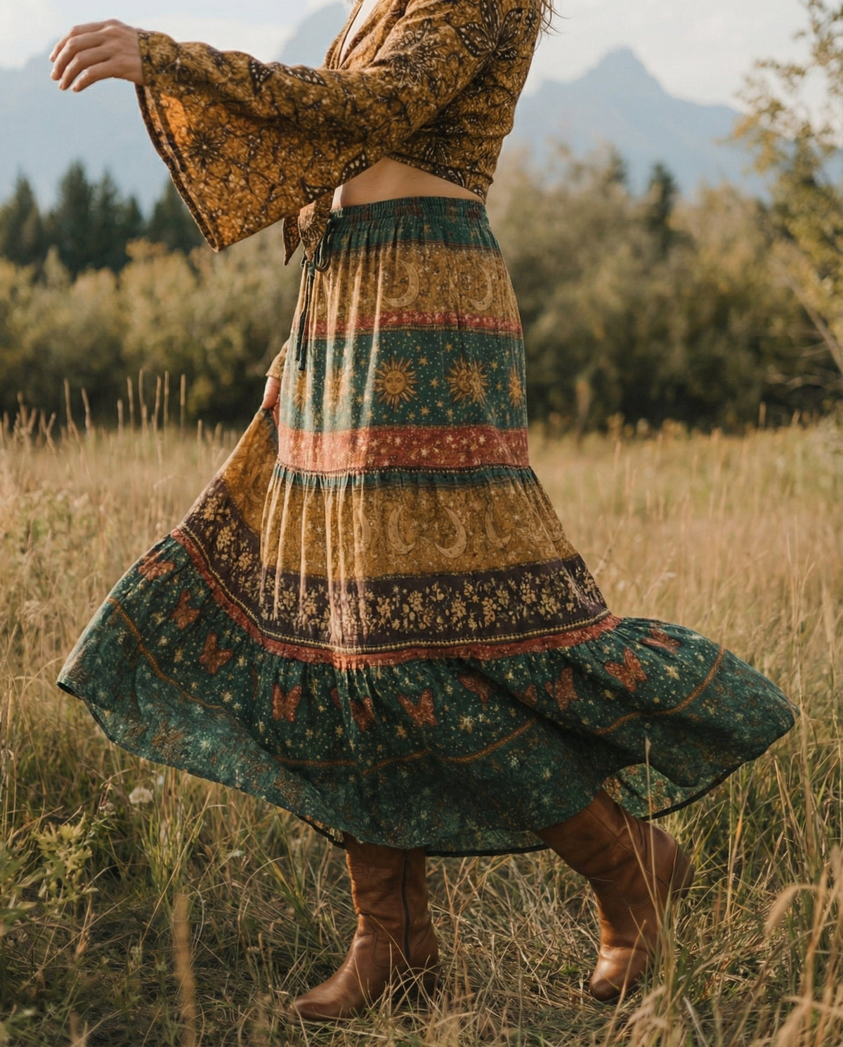 FLORAL SUN MOON PATTERN WOMEN'S CROP TOP & MAXI SKIRT - TLNT2303261