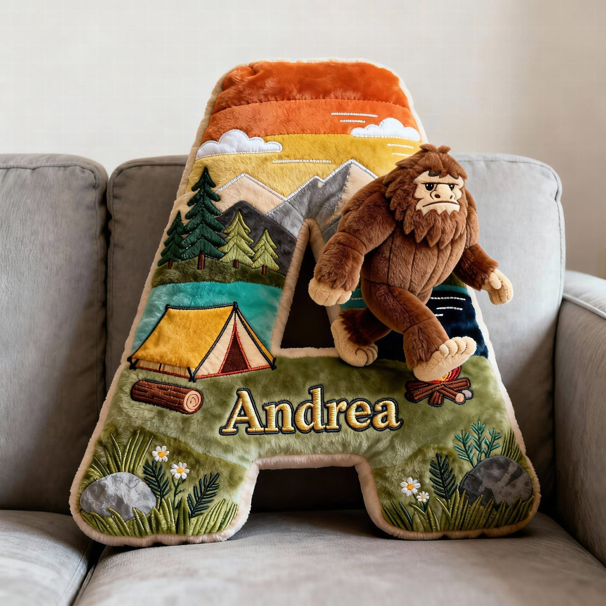 “Adventure Awaits” - Sasquatch Camping Alphabet Initial Letter Pillow - Personalized Gift for Camping Lovers & Bigfoot Seekers Pillow PopCulturePrints