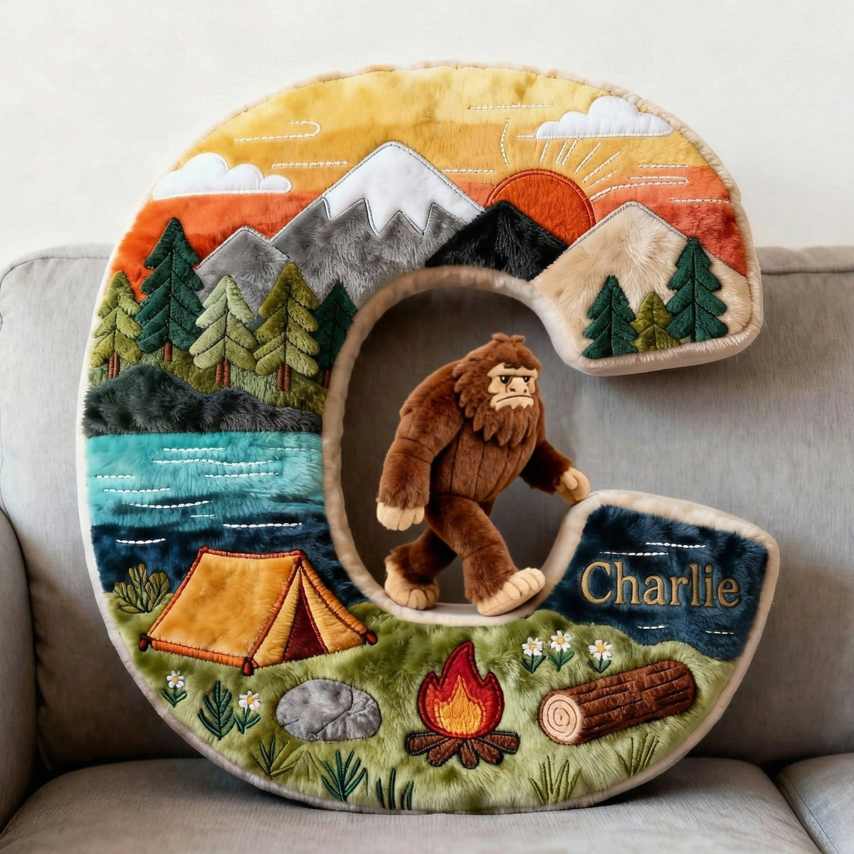 “Adventure Awaits” - Sasquatch Camping Alphabet Initial Letter Pillow - Personalized Gift for Camping Lovers & Bigfoot Seekers Pillow PopCulturePrints