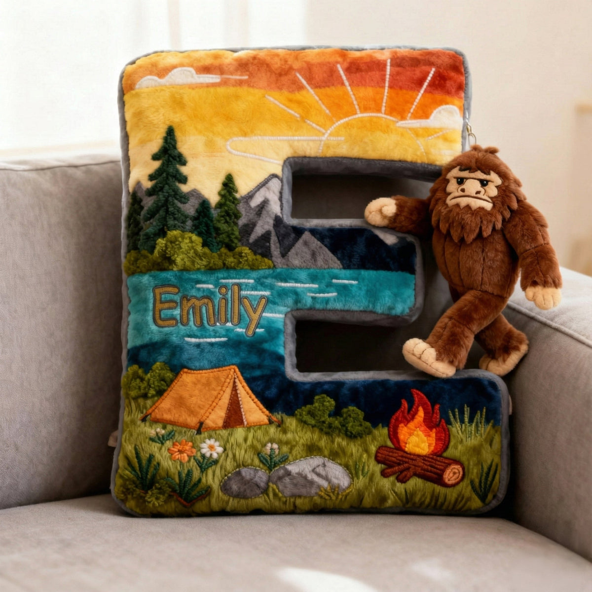“Adventure Awaits” - Sasquatch Camping Alphabet Initial Letter Pillow - Personalized Gift for Camping Lovers & Bigfoot Seekers Pillow PopCulturePrints