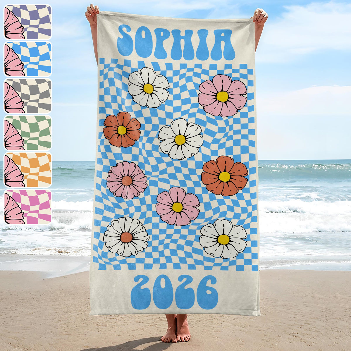 Personalized Groovy Beach Towel Custom Name Floral Gift Beach Towels GradoCreations