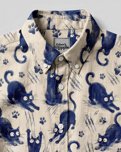 FUNNY PLAYFUL CAT  BUTTON-DOWN COLLAR SHIRT   - TLNO1706261