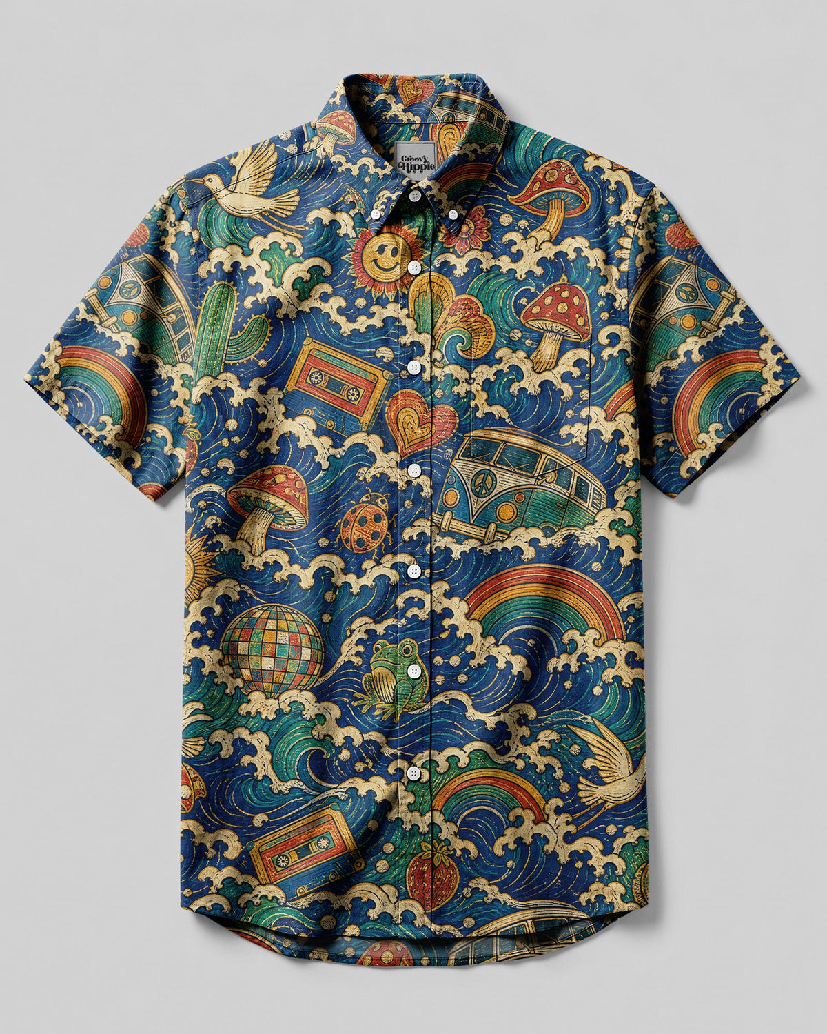 PEACE LOVE GOOD VIBES PATTERN BUTTON-DOWN COLLAR SHIRT - KMTM1706263