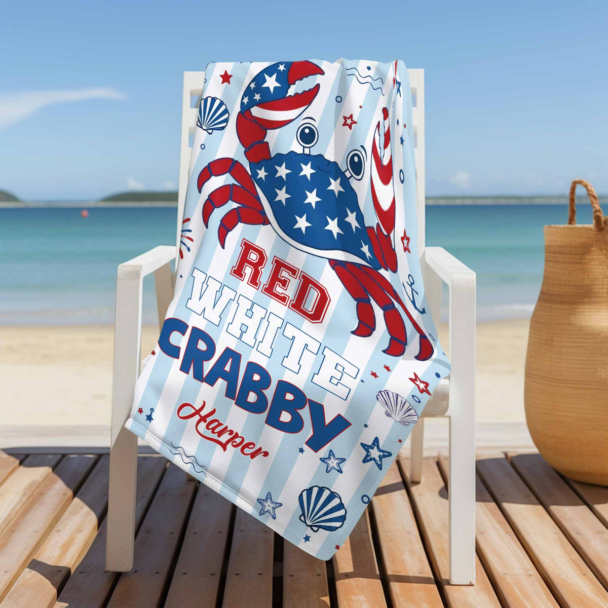 Personalized Crab Beach Towel Custom Name Patriotic Gift Beach Towels GradoCreations