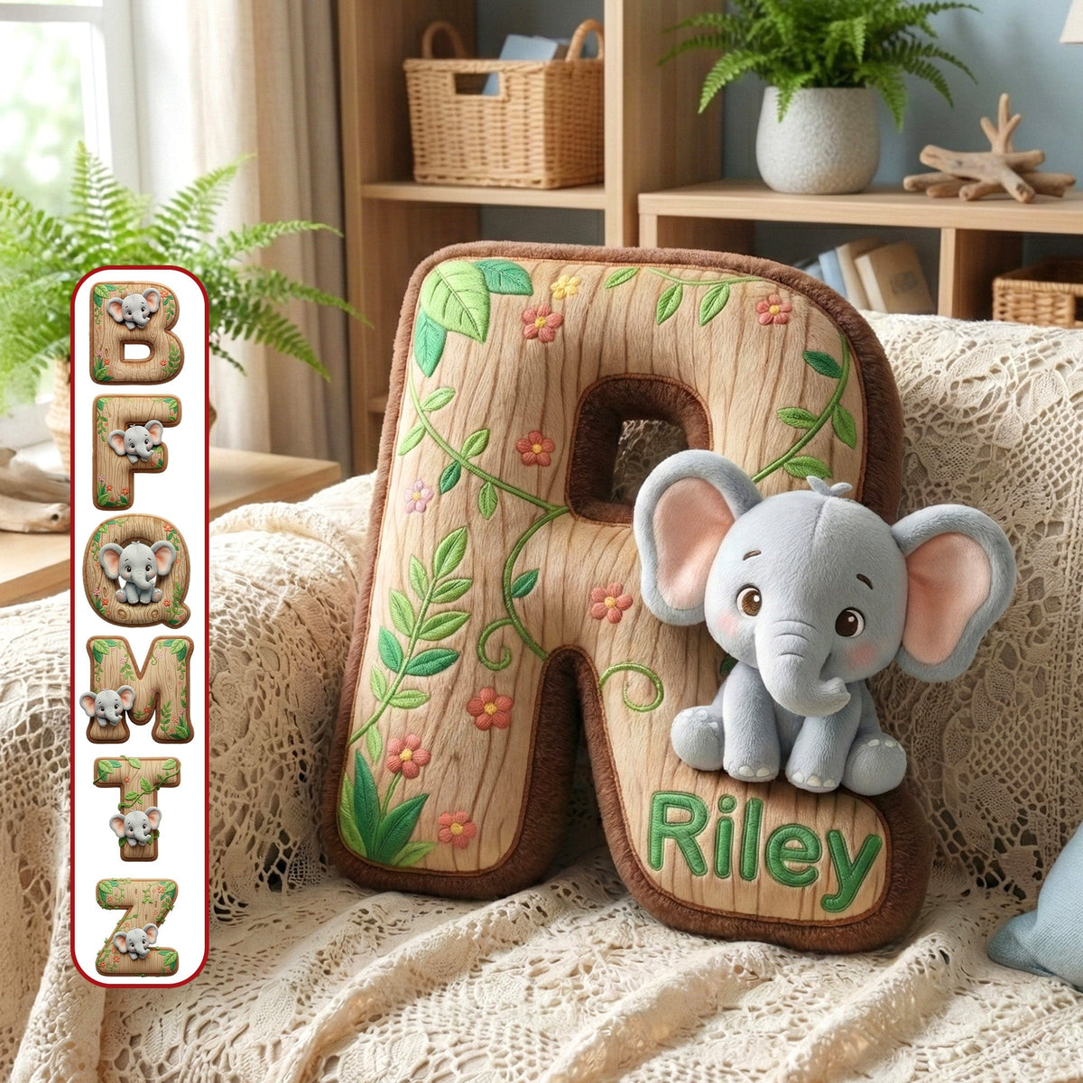“Bring the Jungle Home” - Elephant Alphabet Letters Pillow - Personalized Gifts for Elephant Lovers Pillow PopCulturePrints