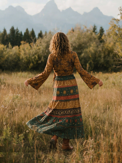 FLORAL SUN MOON PATTERN WOMEN'S CROP TOP & MAXI SKIRT - TLNT2303261