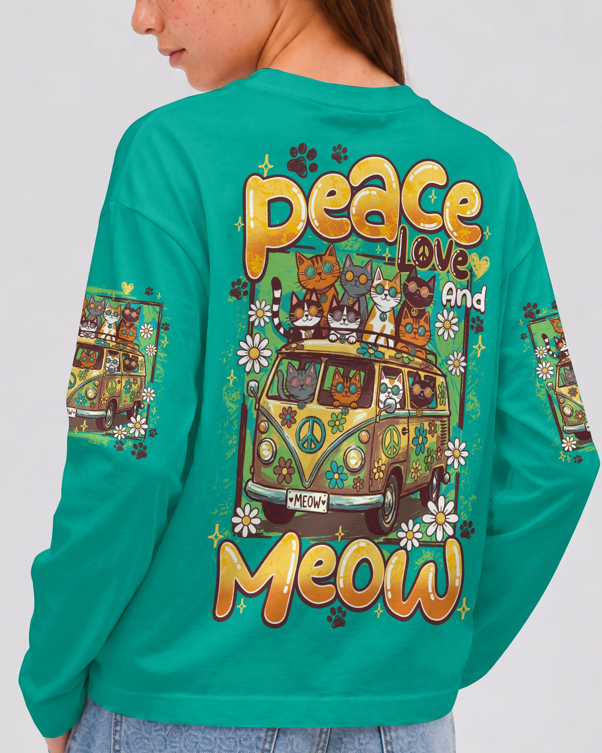 PEACE LOVE AND MEOW CATS KIDS ALL OVER PRINT - TY0707262