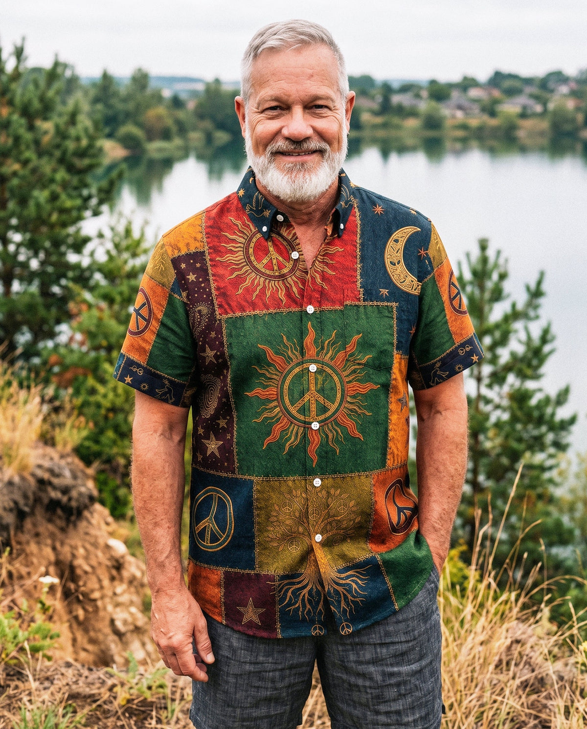 BOHO PEACE SYMBOL VINTAGE BUTTON-DOWN COLLAR SHIRT - KMTM0106261